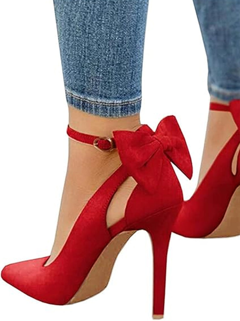 Suede Bow Ankle Strap Pointed Toe High Heel Shoes