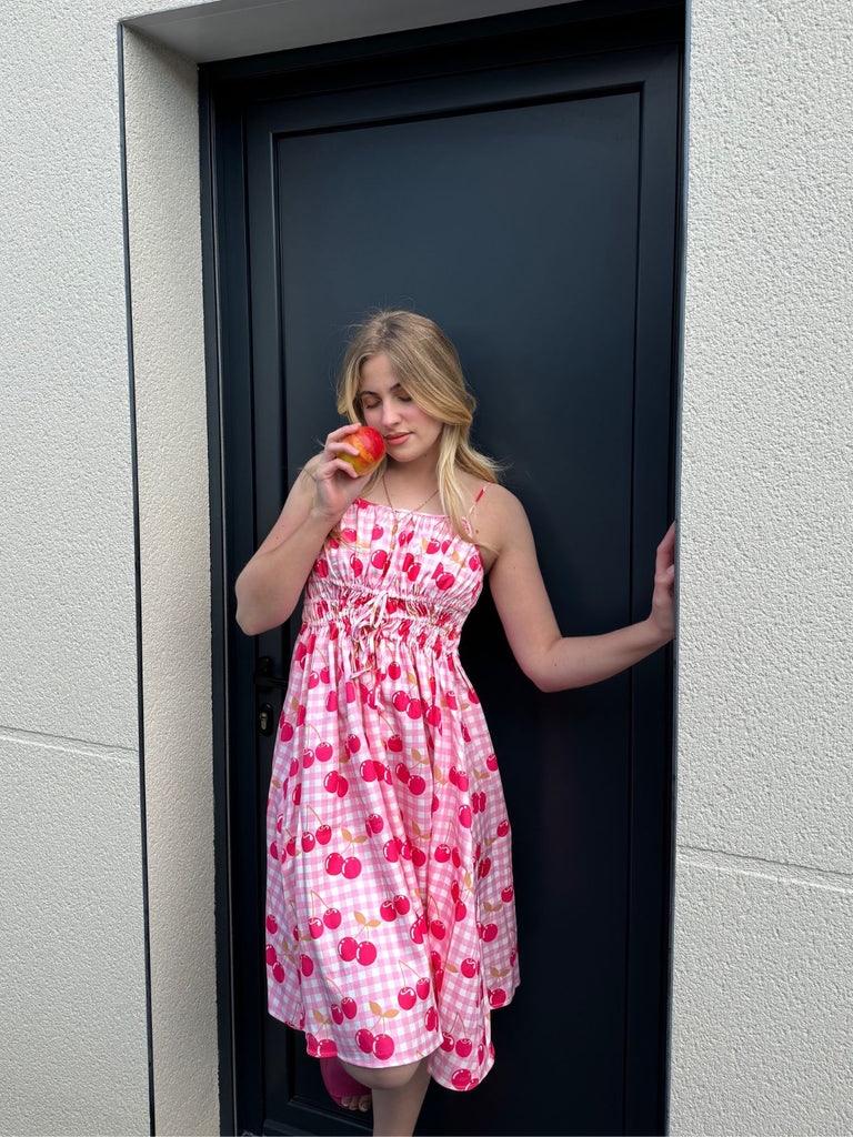 Pink 1950s Cherry Spaghetti Strap Dress