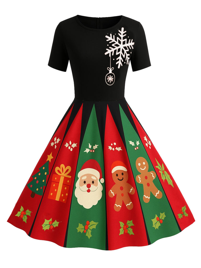 Black 1950s Christmas Snowflake Swing Dress