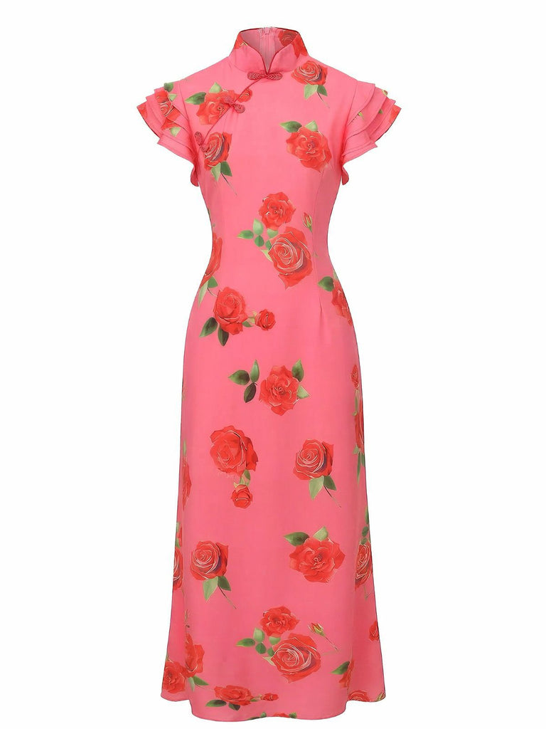 Pink 1930s Rose Ruffle-Sleeve High-Neck Maxi Dress