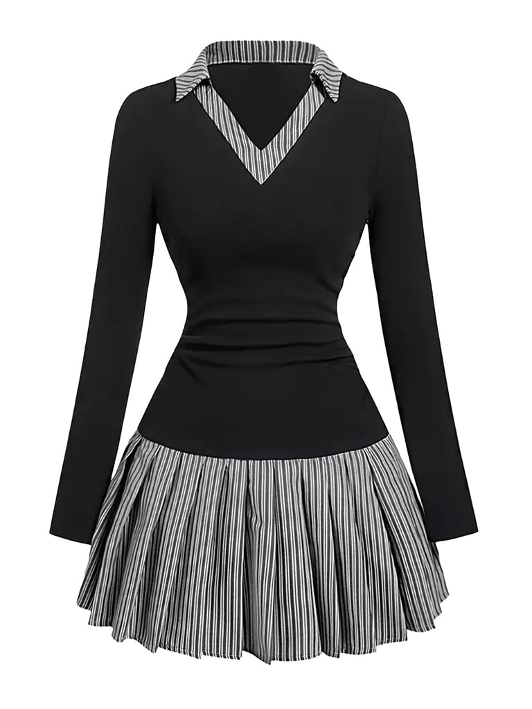 1960s V-Neck Striped Pleated Fake Two-Piece Dress