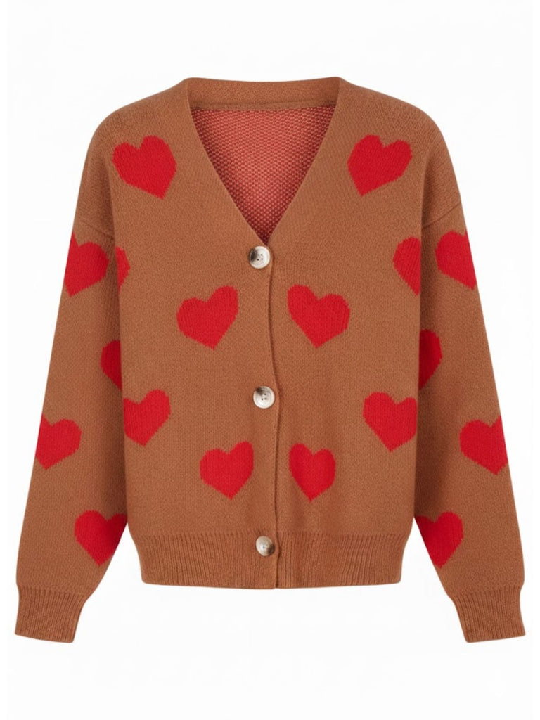 1950s Valentine's Day Heart Print Knit Cardigan