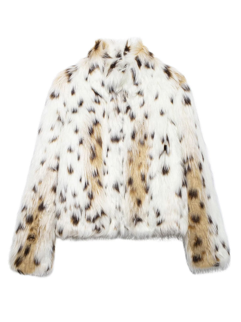 White 1980s Reindeer Print Faux Fur Jacket