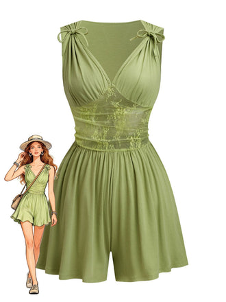 1950s Tie-Shoulder Lace Waist V-Neck Fit Romper