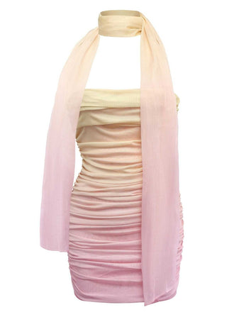 1960s Strapless Gradient Ruched Bodycon Dress With Scarf