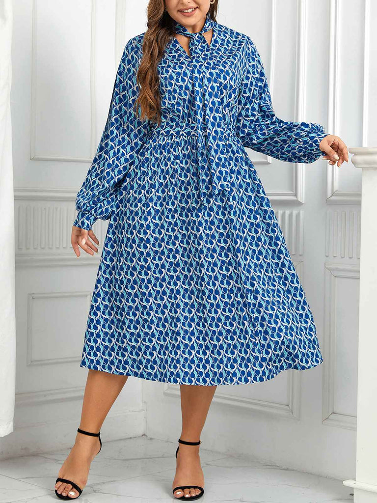 [Plus Size] Blue 1940s Lace Up Puff Sleeve Dress