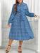 [Plus Size] Blue 1940s Lace Up Puff Sleeve Dress