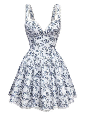 Blue 1950s Strap Floral Lace Corset Dress