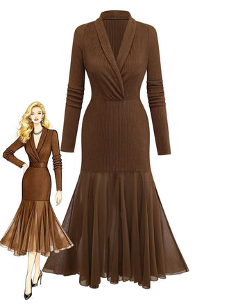 1930s V-Neck Textured Mesh Hem Mermaid Dress