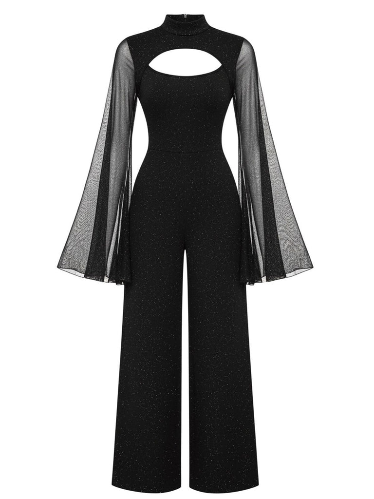 Black 1930s Sparkly Cutout Jumpsuit with Cape