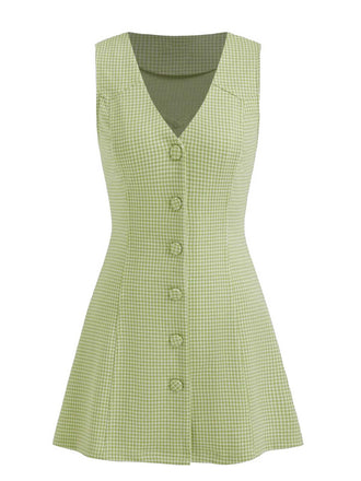 Green 1960s V-Neck Houndstooth Sleeveless Dress