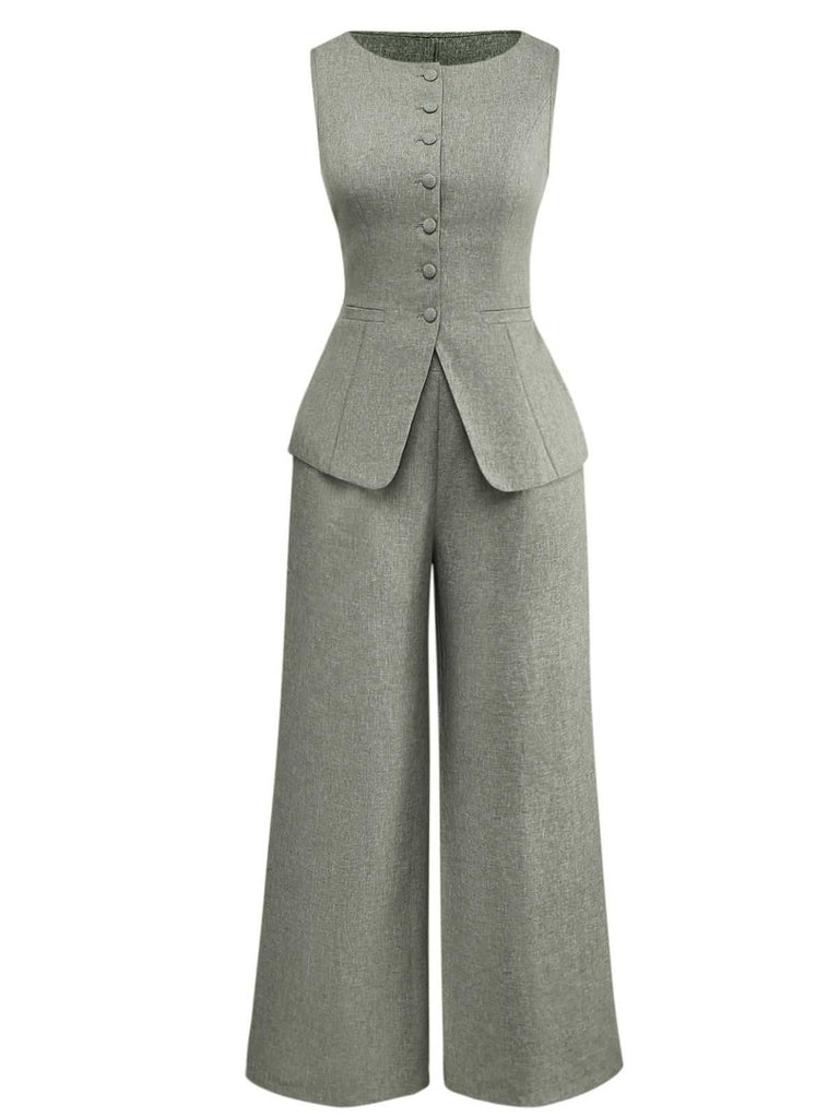 2PCS Solid 1940s Sleeveless Top & Wide-Leg Pants