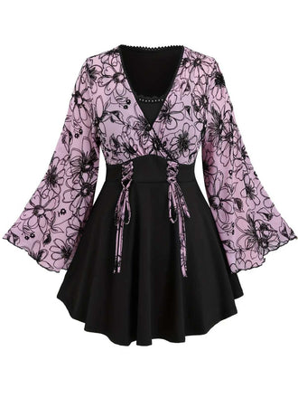 [Plus Size] 1960s Flared Sleeve Drawstring Floral Blouse