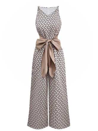 1970s Sleeveless Geometric Print Waist Bow Jumpsuit