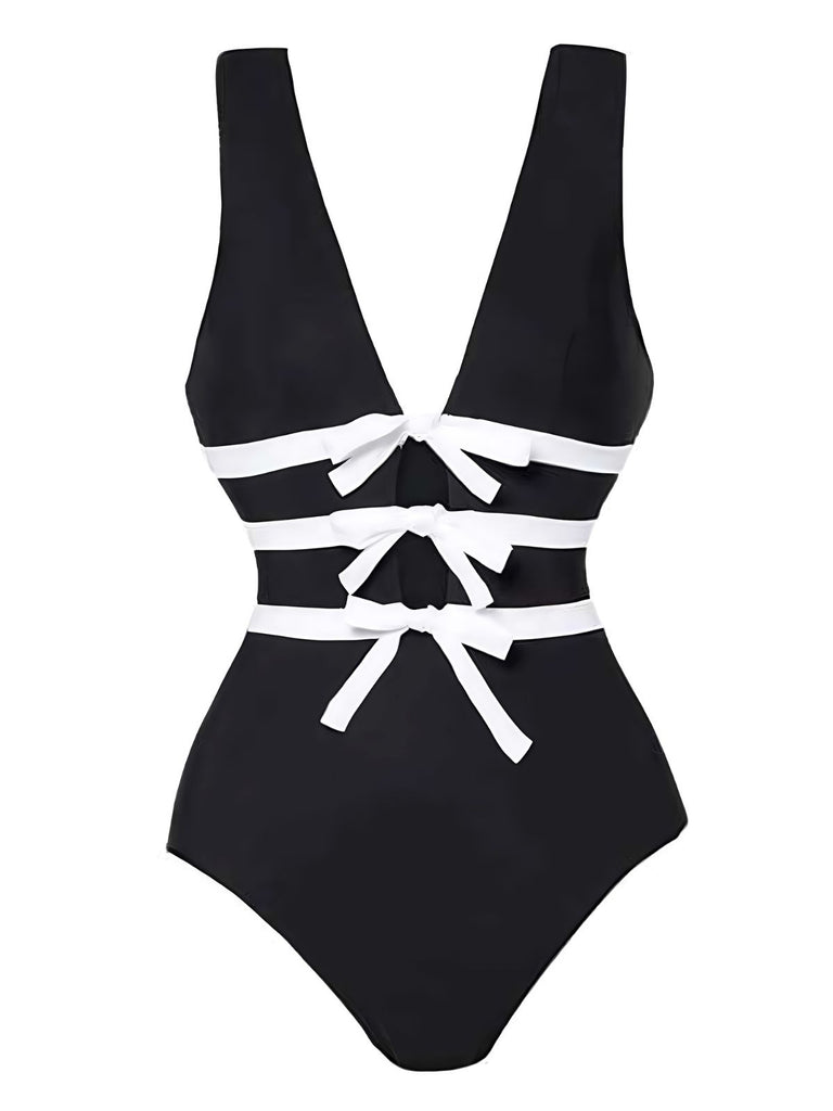 2PCS Black 1940s Bow One-Piece Swimsuit & Swim Skirt