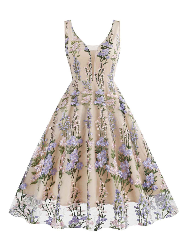 1950s Embroidered Floral V-Neck Swing Dress