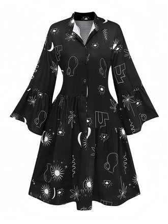 Black 1970s Printed Flare Sleeve Shirt Dress