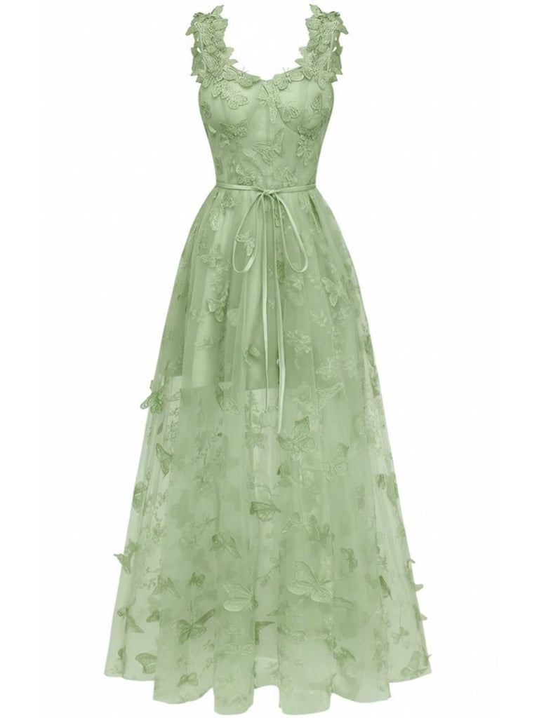 1930s Spaghetti Strap 3D Butterflies Mesh Maxi Dress