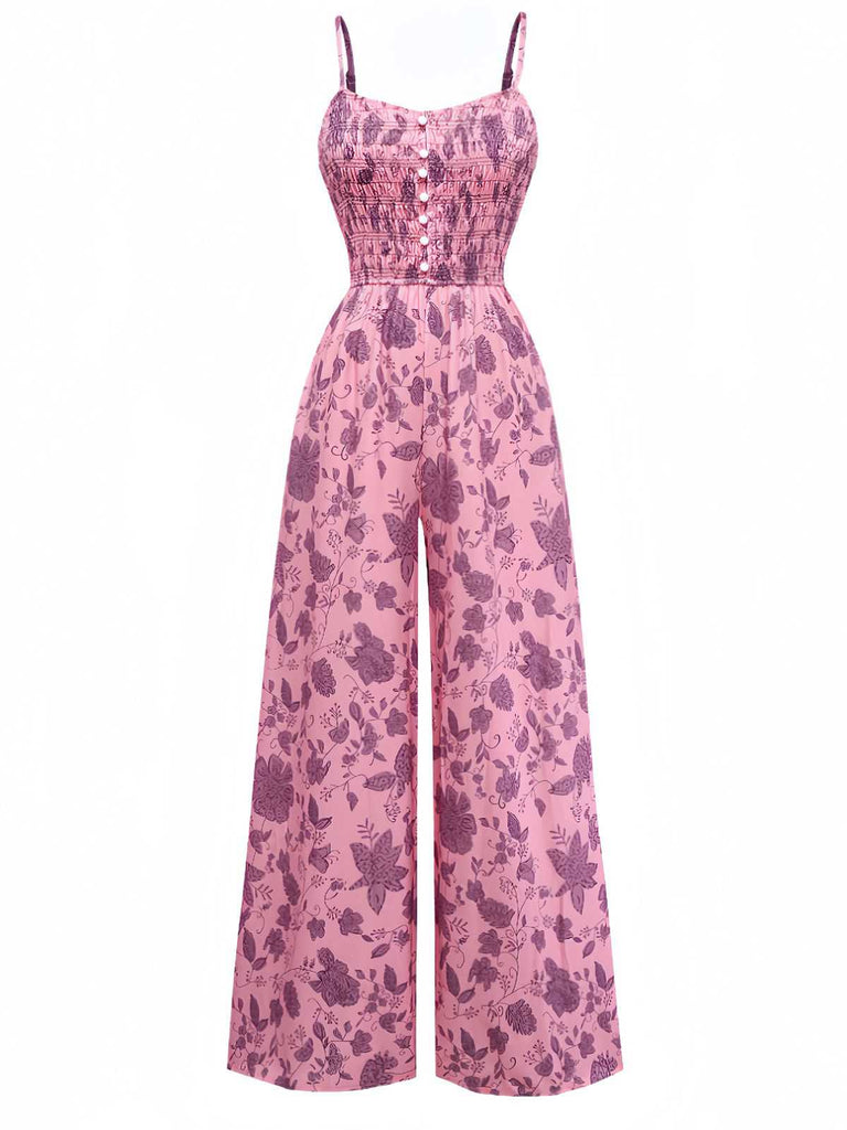 Pink 1970s Spaghetti Strap Floral Smocked Jumpsuit