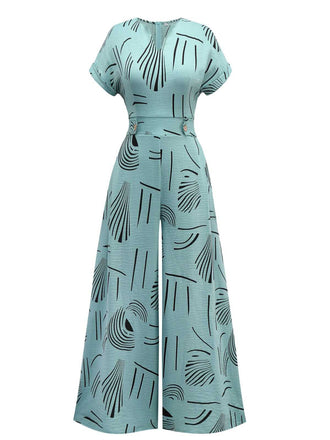 1970s V-Neck Abstract Line Wide-Leg Jumpsuit