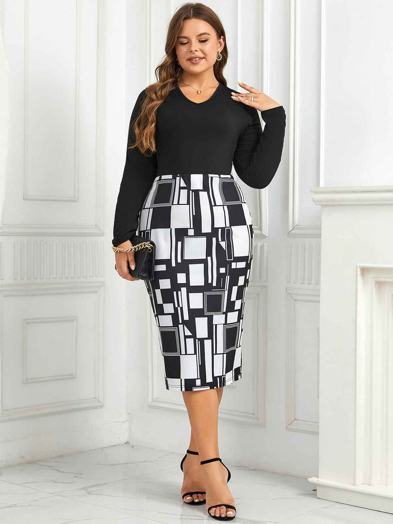 [Plus Size] Black 1960s Geometric Long Sleeve Wrap Dress