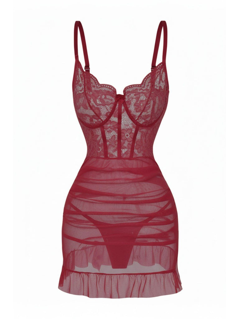 1980s Slip Lace Underwire Sheer Ruffle Nightgown