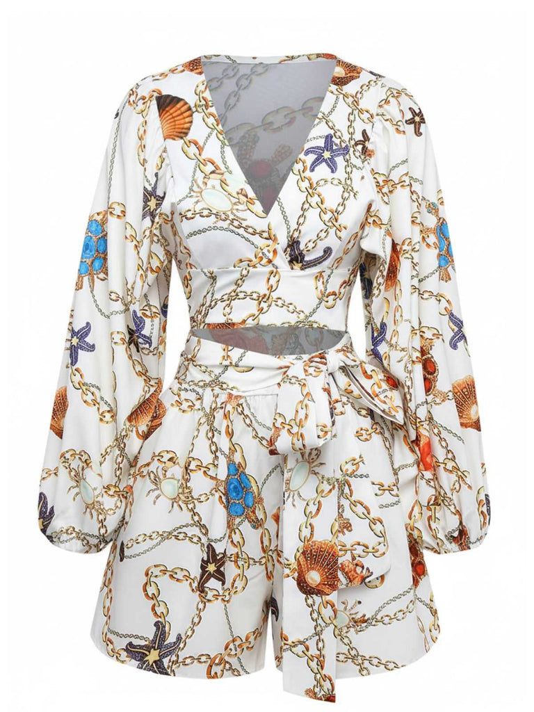 1960s V-Neck Chain Seashell Waist Cutout Romper