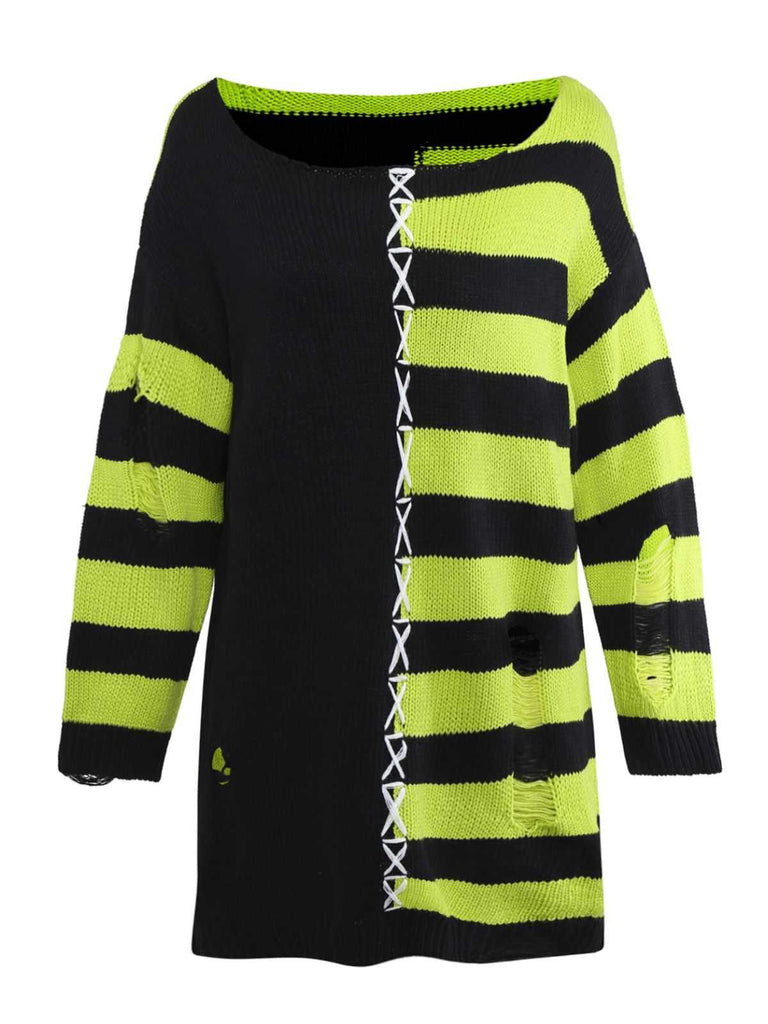 1980s Halloween Lace-Up Striped Distressed Knit Sweater