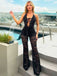 Black 1970s Halter Deep V-Neck Lace Jumpsuit