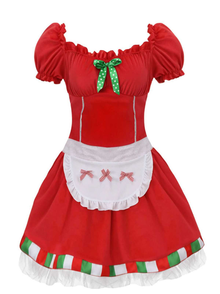 1970s Square Neck Christmas Bow Dress With Petticoat