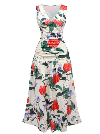 1940s V-Neck Floral Ruched Sleeveless Dress