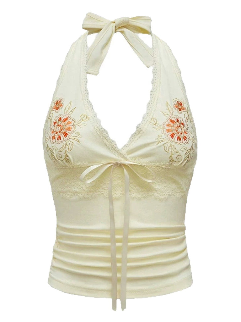 Ivory 1980s Embroidered Lace Floral Halter Top