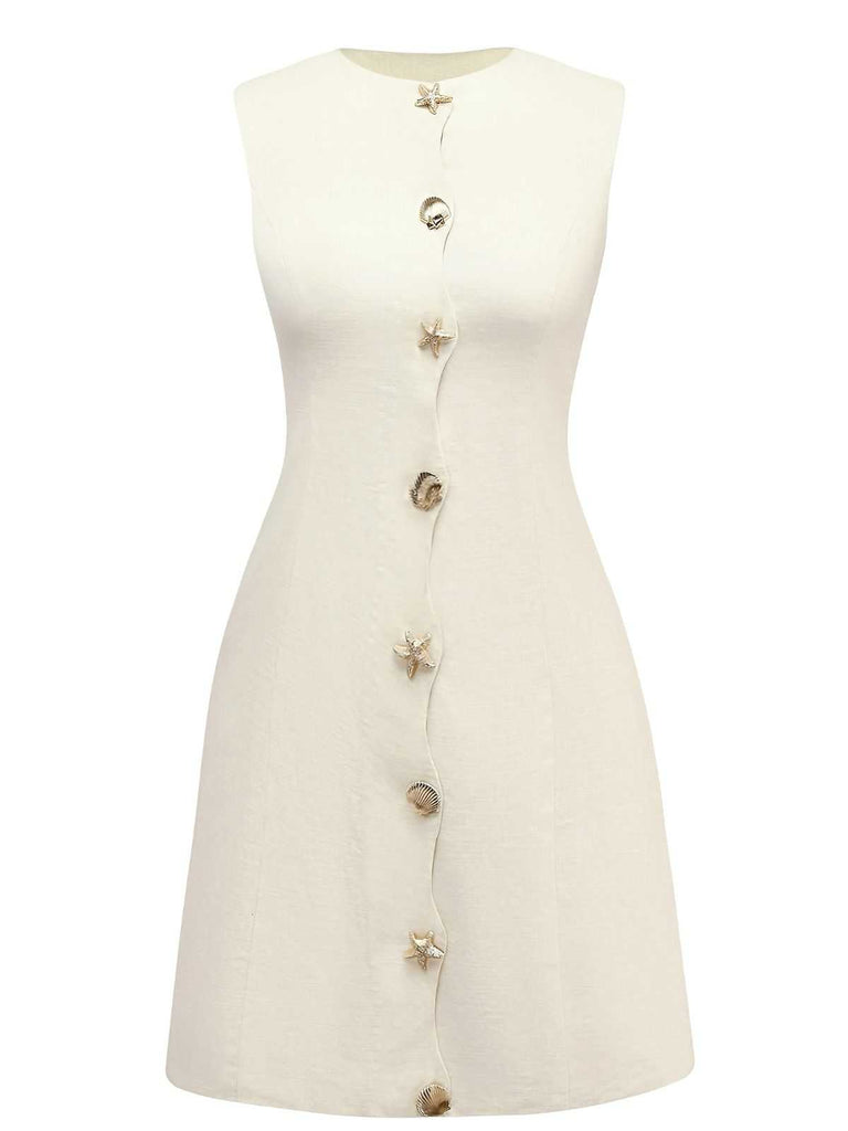Beige 1960s Starfish Shell Buttons Sleeveless Dress