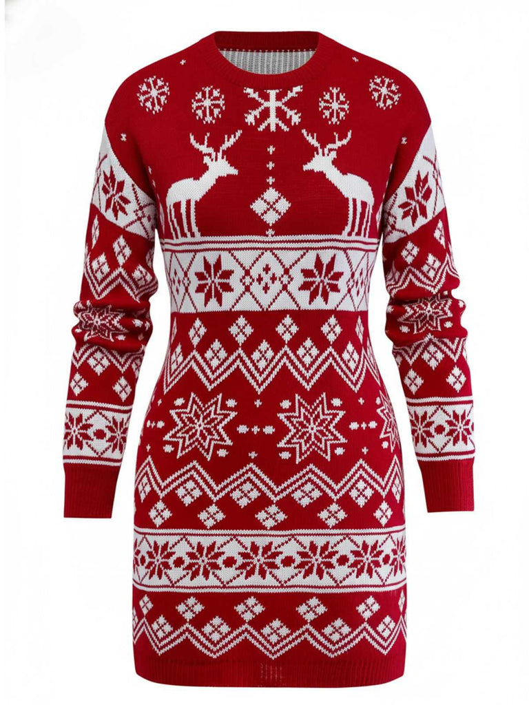 1960s Christmas Reindeer Snowflake Jacquard Knit Dress