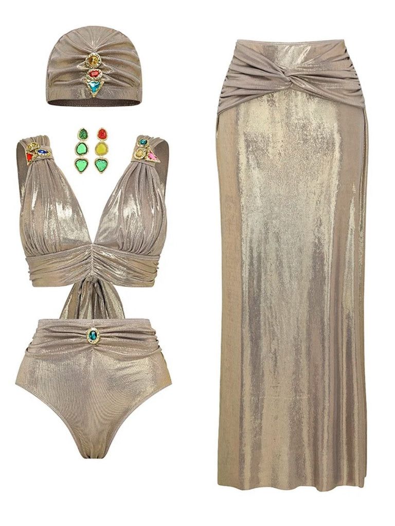 5PCS Gold 1980s Bejeweled Metallic Egyptian-Inspired Bikini Set