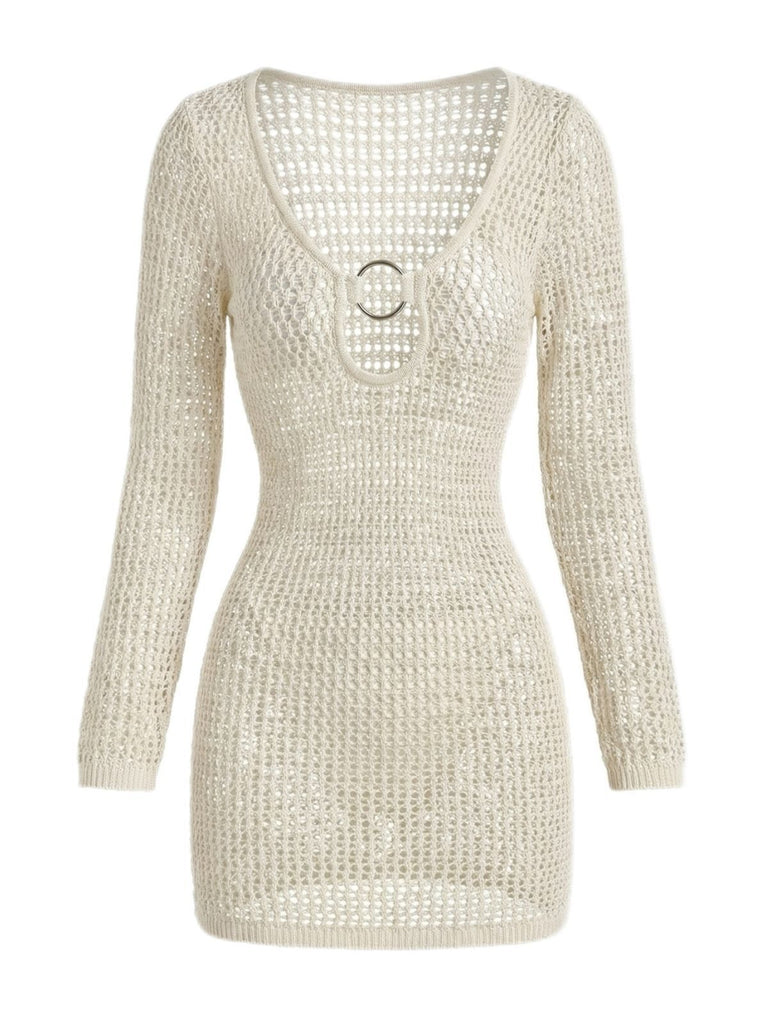 1980s Crochet Knit Cutout Ring Long Sleeve Cover-Up