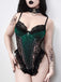 Dark Green 1970s Gothic Velvet Lace Cross Bodysuit