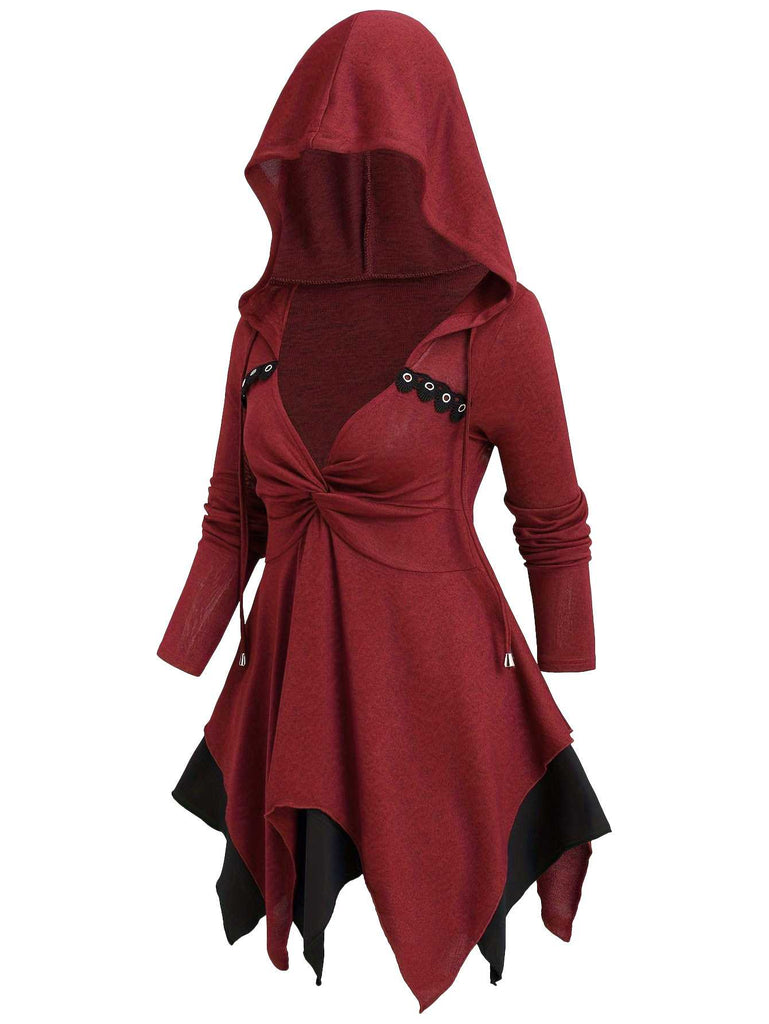 Red 1980s Asymmetrical Hem Gothic Hooded Jacket
