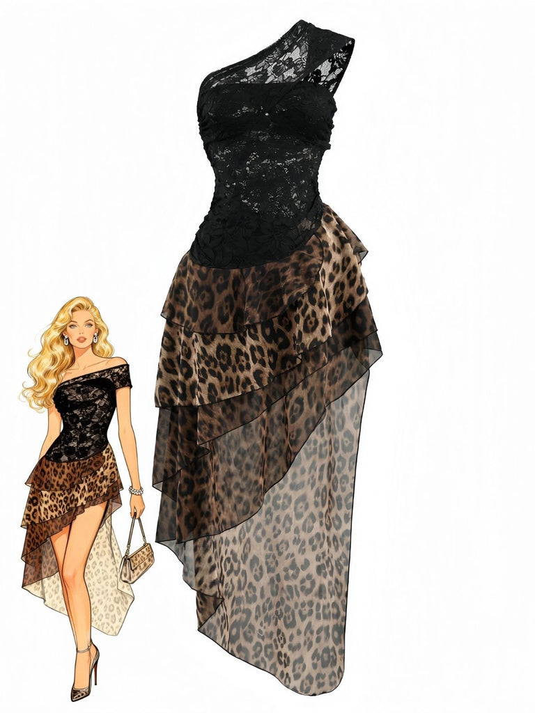 Black 1980s Lace Leopard Print Asymmetrical Dress