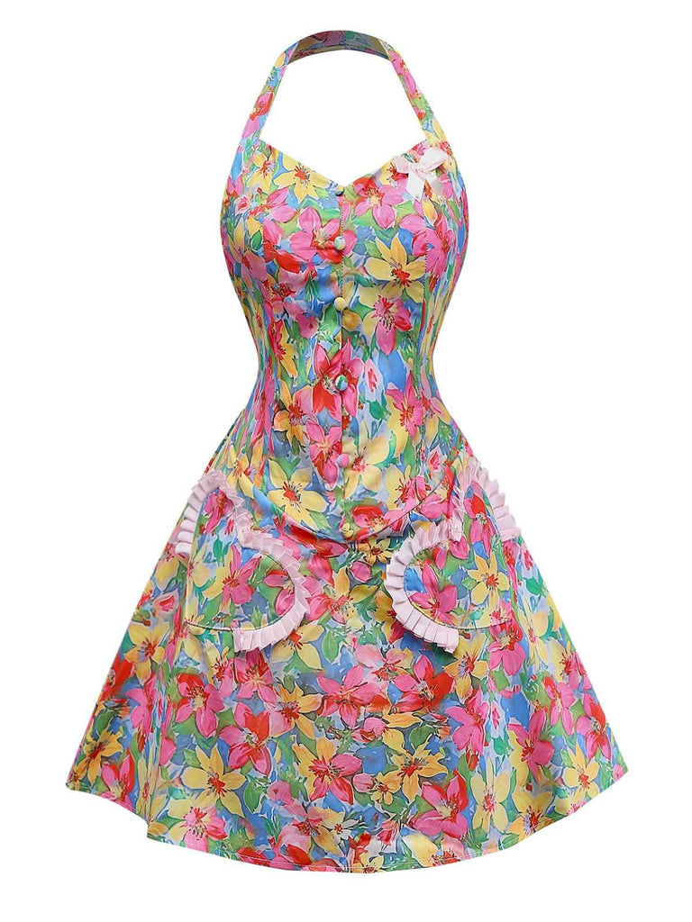 Multicolor 1960s Halter Floral Bow Heart Dress