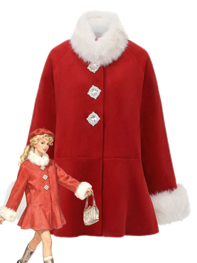 Red 1980s Faux Fur Trim Crystal Button Coat