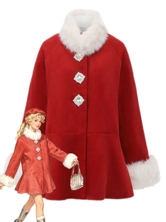 Red 1980s Faux Fur Trim Crystal Button Coat