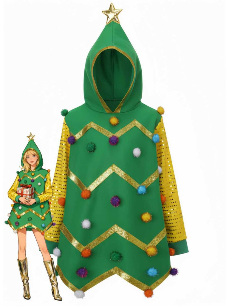 1950s Christmas Tree Hoodie With Colorful Pom Poms