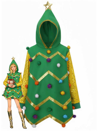 1950s Christmas Tree Hoodie With Colorful Pom Poms