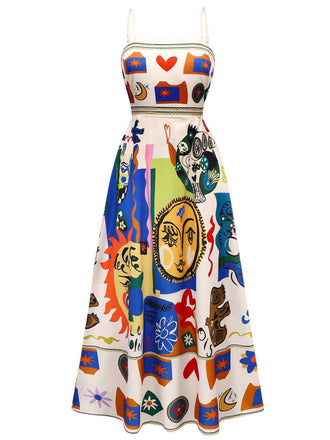 Multicolor 1970s Spaghetti Strap Graffiti Print Dress