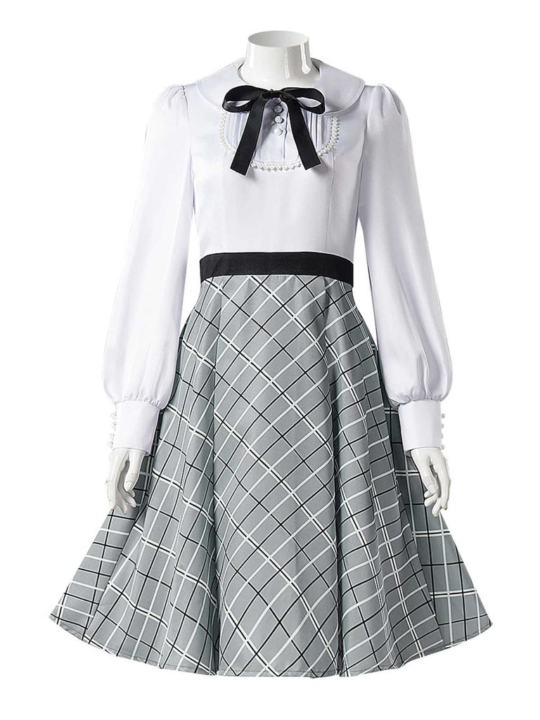 Grey 1940s Peter Pan Collar Bow Plaid Dress
