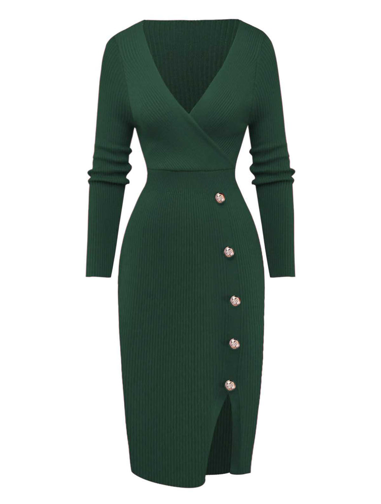 1960s V-Neck Ribbed Knit Button Bodycon Dress