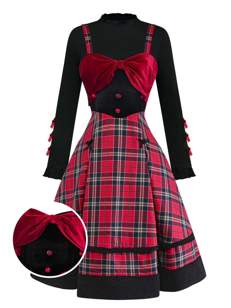 [Pre-Sale] 2PCS 1950s Velvet Bow Turtleneck Knitted Top & Plaid Dress