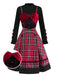 [Pre-Sale] 2PCS 1950s Velvet Bow Turtleneck Knitted Top & Plaid Dress