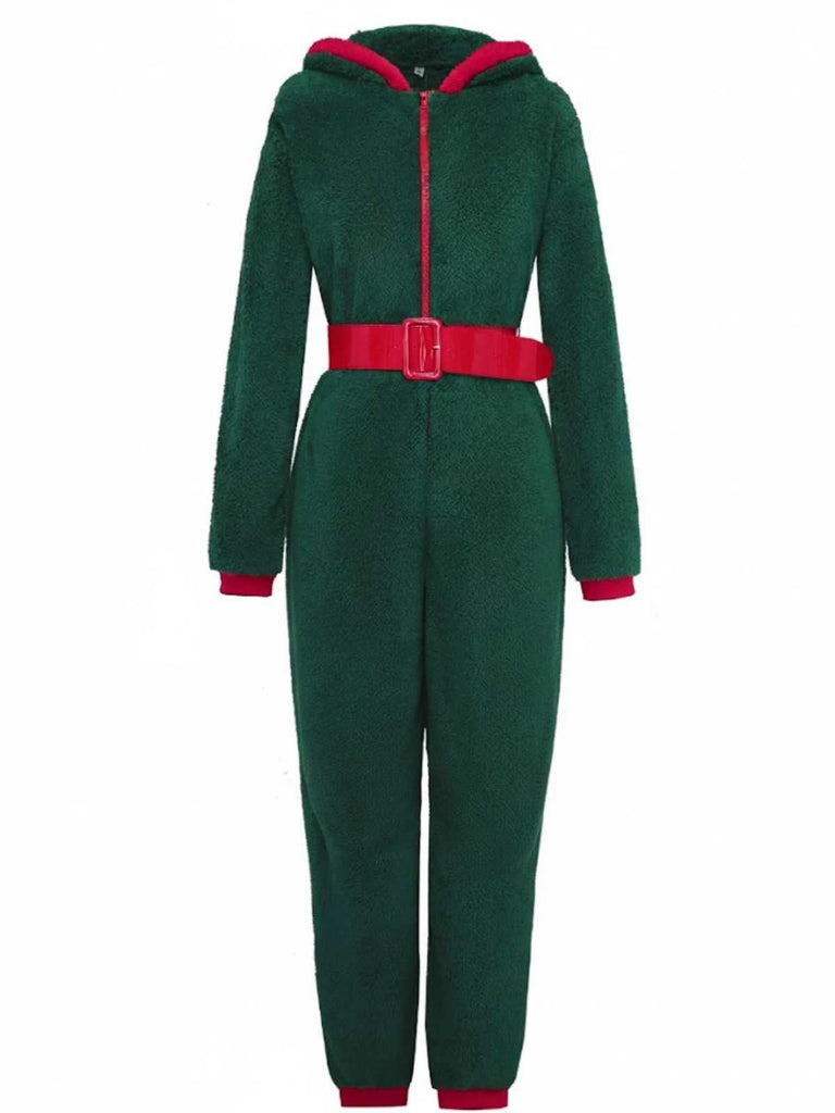 Green 1970s Christmas Sherpa Hooded Jumpsuit Pajama